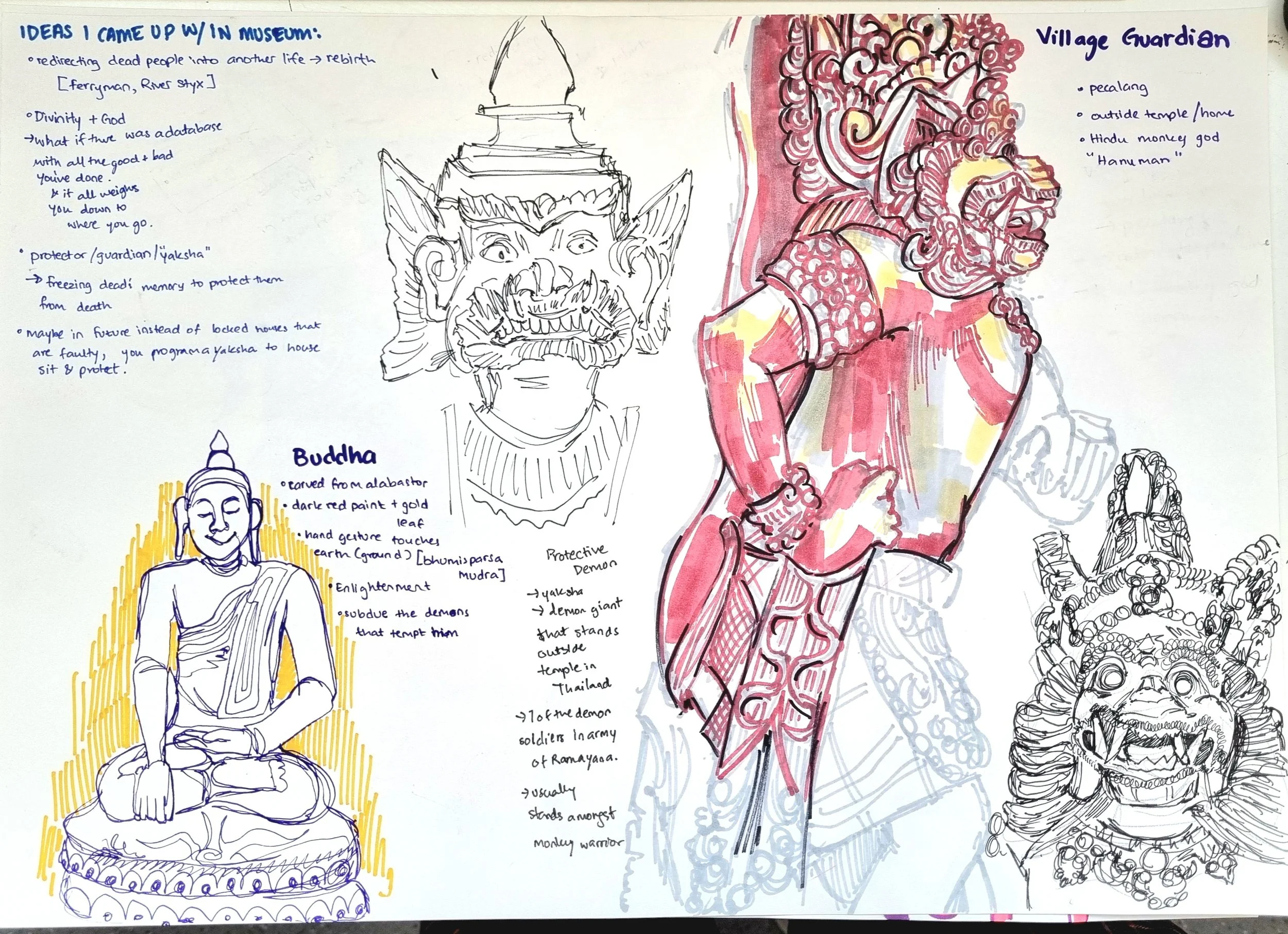 A collection of sketches and handwritten notes on a whiteboard or paper. The sketches include a line drawing of a demon with a large head, sharp teeth, and a crown-like headdress, protected by a devil figure sitting in a meditative pose with crossed 