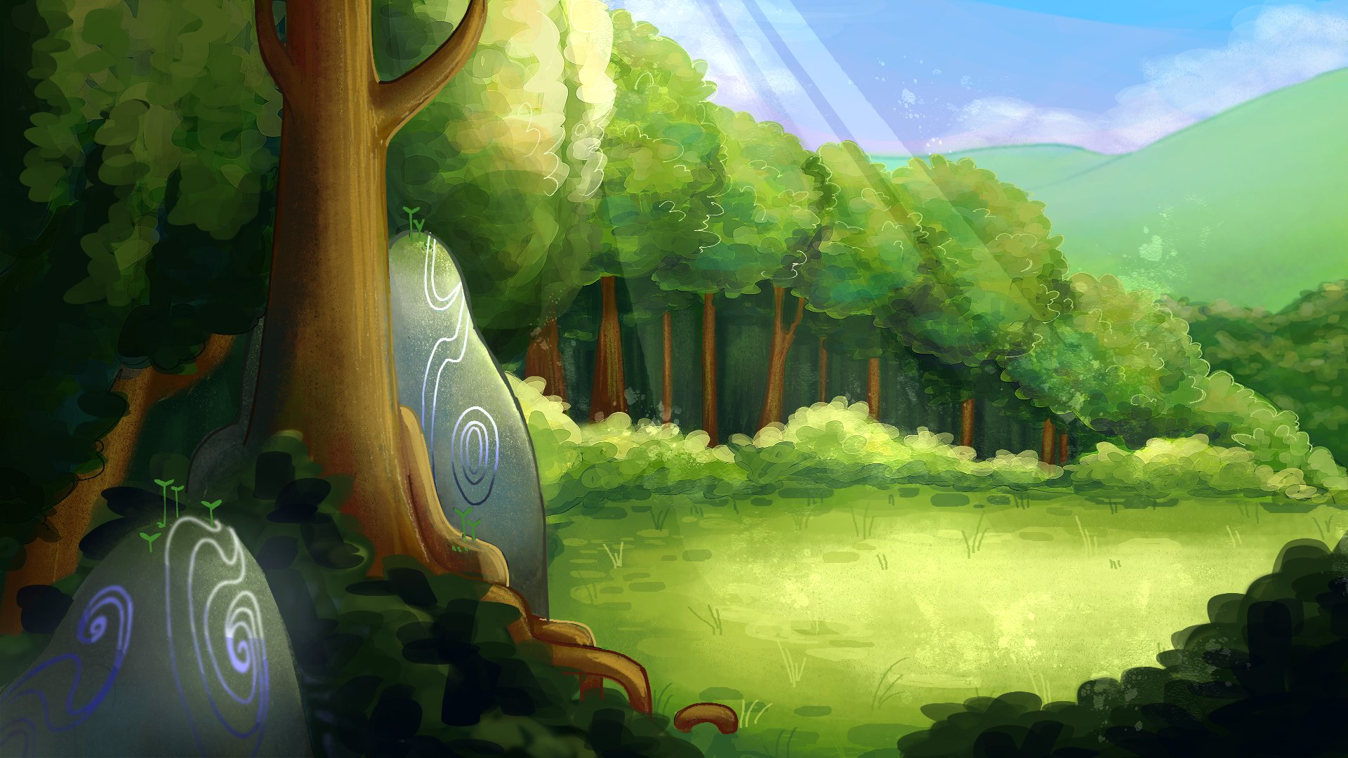 A vibrant animated forest scene with tall trees, lush green foliage, sunlight filtering through the canopy, and glowing rocks with swirls and tiny sprouting plants.