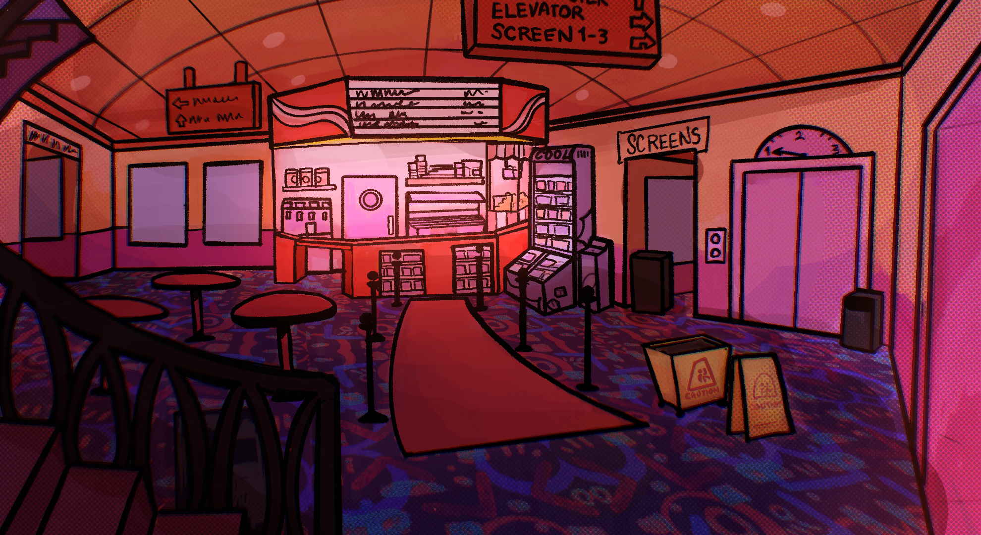 Colorful cartoon-style image of an airport ticket counter area with chairs, a roped queue, elevator signs, screens, and an emergency caution sign on the floor.