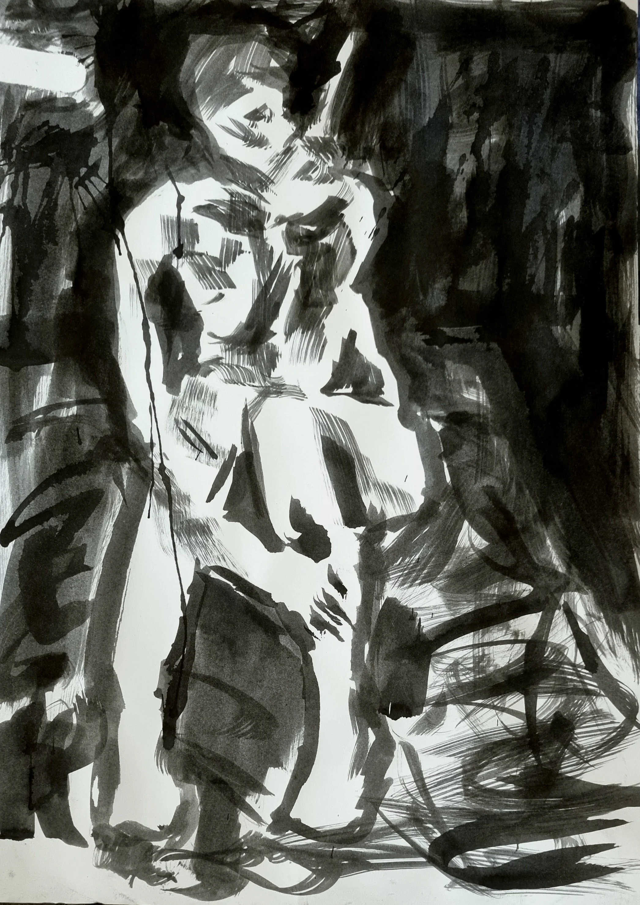 Black and white sketch of a young woman with short hair, sitting in a thoughtful pose with her chin resting on her hand, surrounded by abstract dark and light strokes.