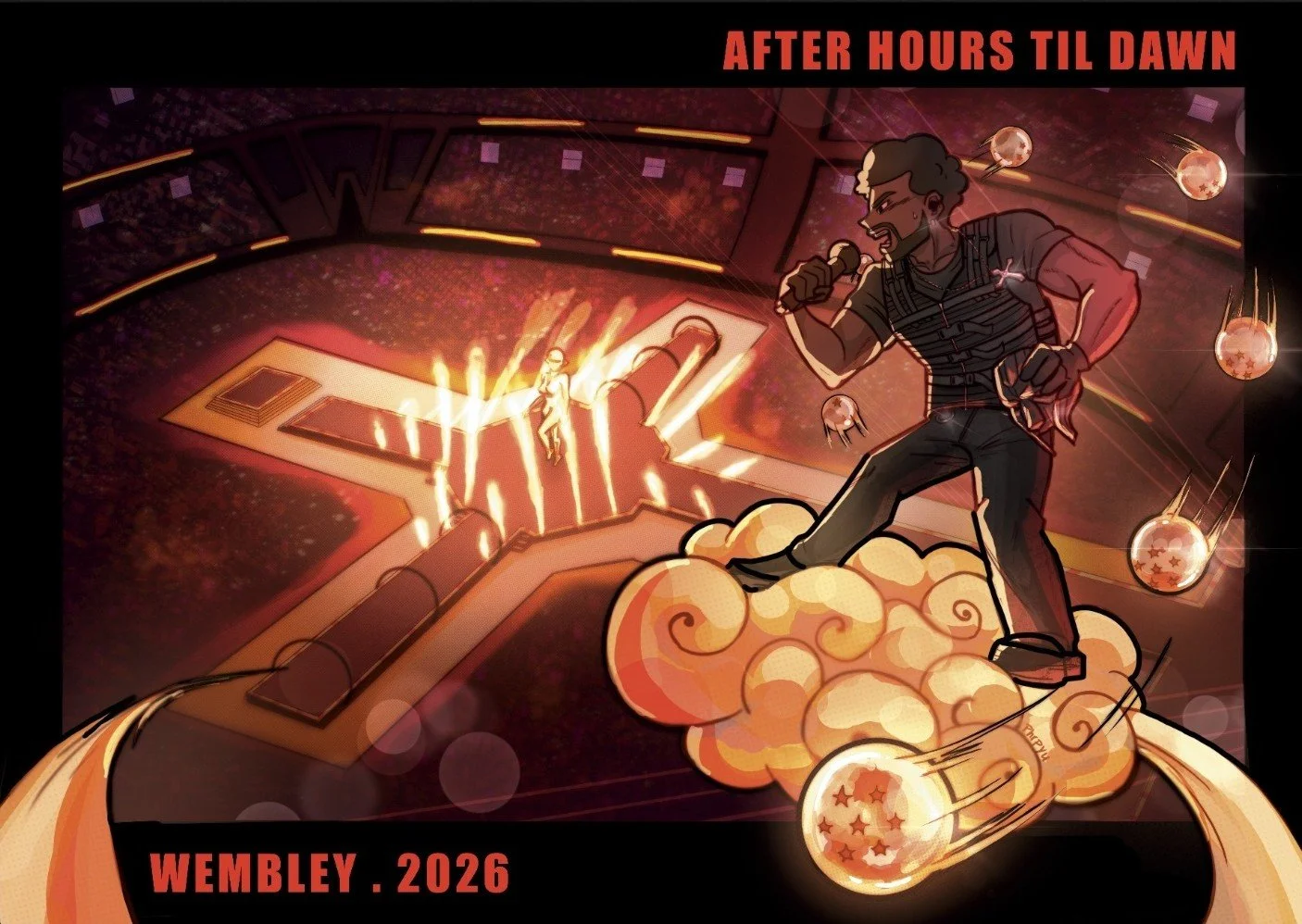 An animated illustration of a man singing passionately into a microphone, riding on a cloud of smoke with glowing dragon balls orbiting around him, in a stylized sports stadium with the text 'After Hours til Dawn' at the top and 'Wembley . 2026' at t