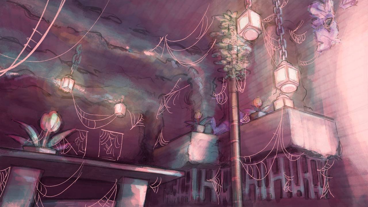 Digital illustration of a rooftop scene with celebrating candles, hanging lanterns, spider webs, and smoke emitting from chimneys, with a dramatic sky in the background.