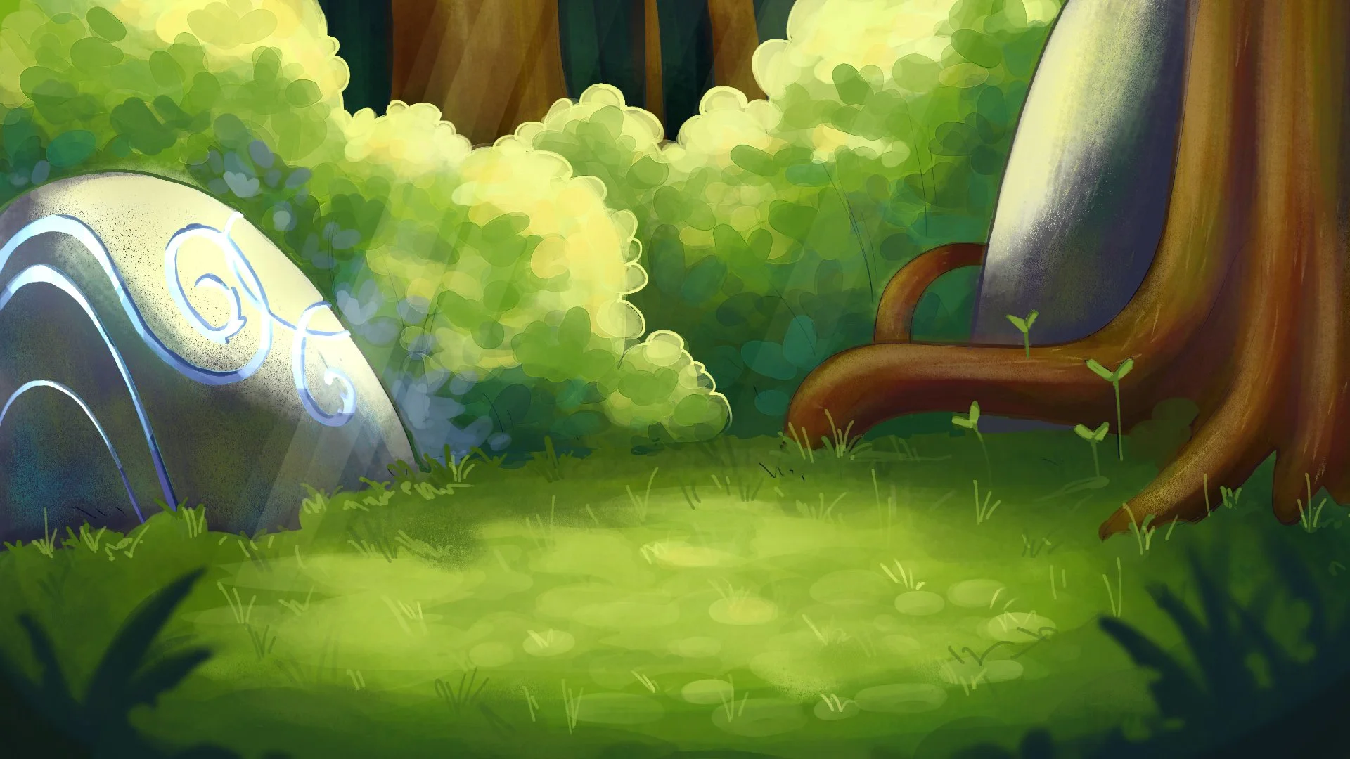 A colorful animated forest scene with lush green bushes, a large gray stone with glowing blue symbols, and a tree trunk with small green plants growing around it.
