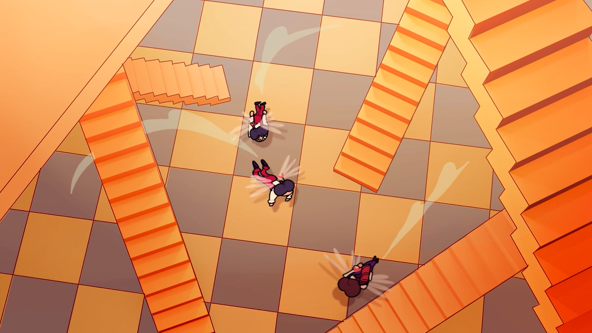 Video game scene with three characters flying, falling, or jumping through orange staircases in a checkered room.