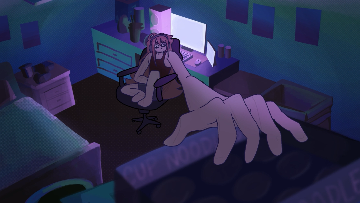 A person with long hair sitting in a gaming chair in a dimly lit room, reaching across a desk toward a hand. The room contains a computer, a dresser with bottles, and a few picture frames on the wall, with a neon glow.