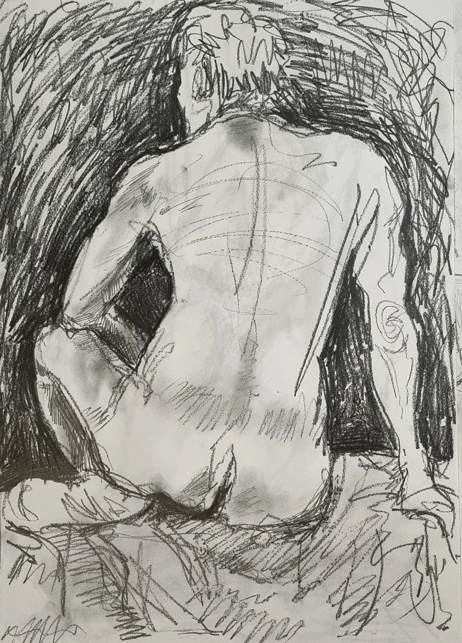 A sketch of a person with long hair, holding a phone and taking a selfie, with abstract and rough shading.