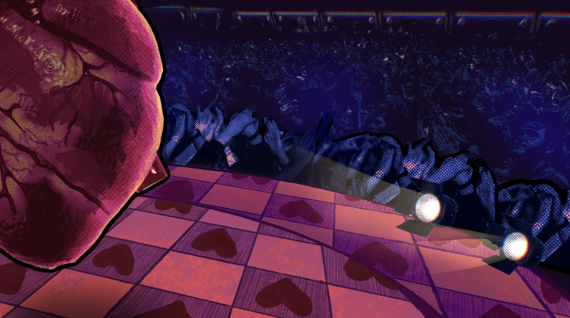 A stylized, colorful drawing of a stage with a large heart-shaped object on the left and bright stage lights shining onto a checkered floor with heart patterns, and an audience in the background.