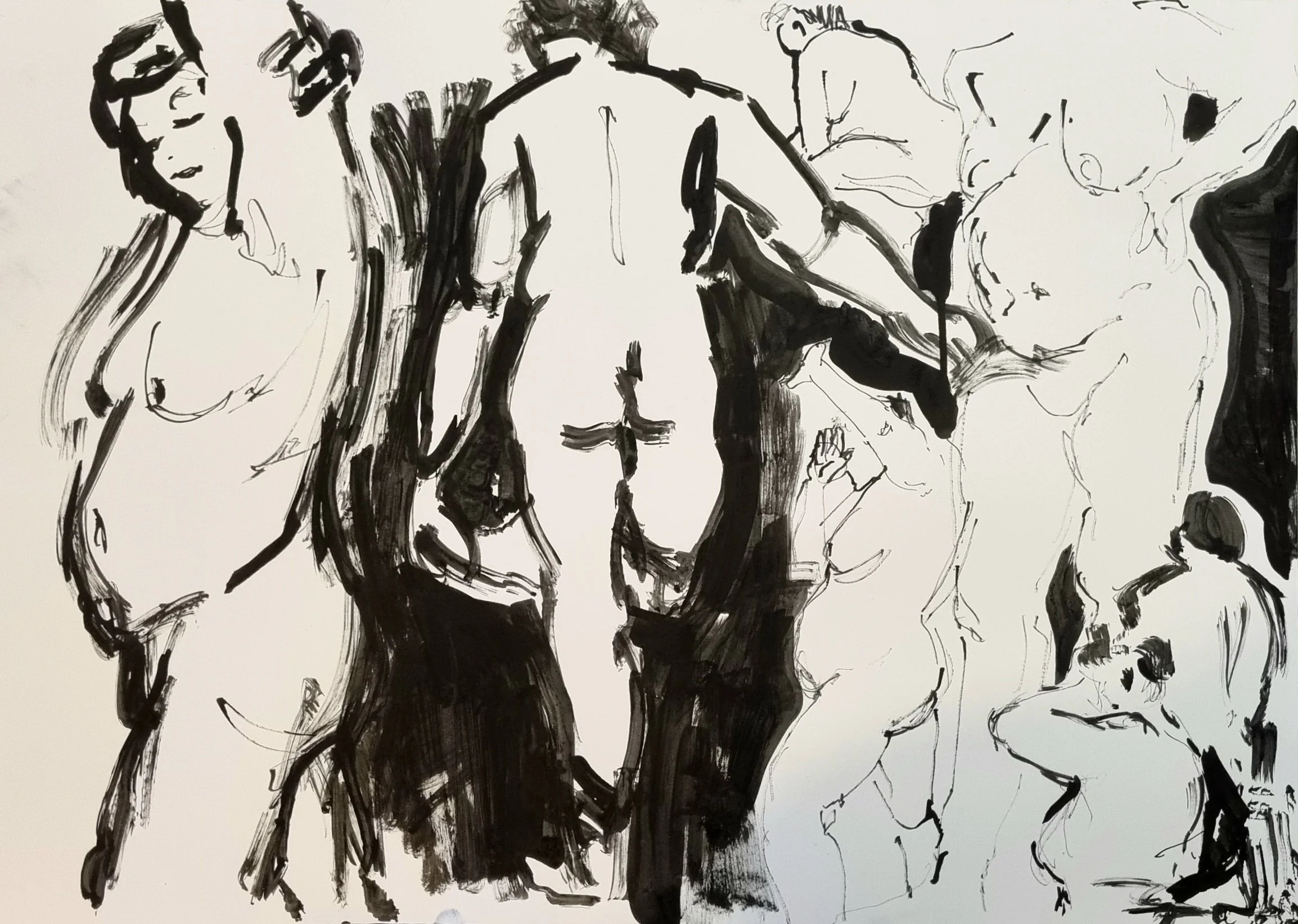 Black ink sketch of five women standing in a line, facing forward, with various hairstyles and clothing styles, rendered with expressive brushstrokes.