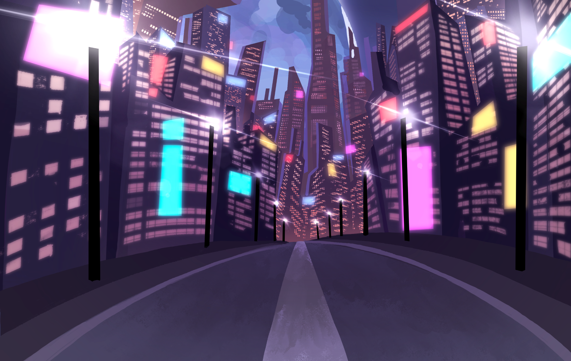 Futuristic cityscape at night with tall buildings illuminated by neon lights in purple, pink, and blue hues, featuring a wide empty street in the foreground and a cloudy sky overhead.