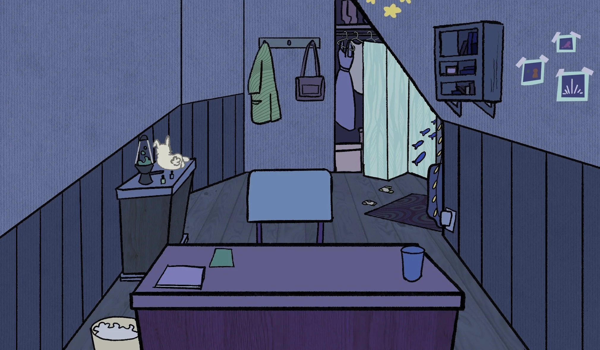 A bedroom with blue walls and wooden paneling, cluttered with various items. There is a bed in the center, a small table with a closed laptop and papers, and a purple rug. Clothes are hanging on hooks and a closet door is slightly open, revealing fis