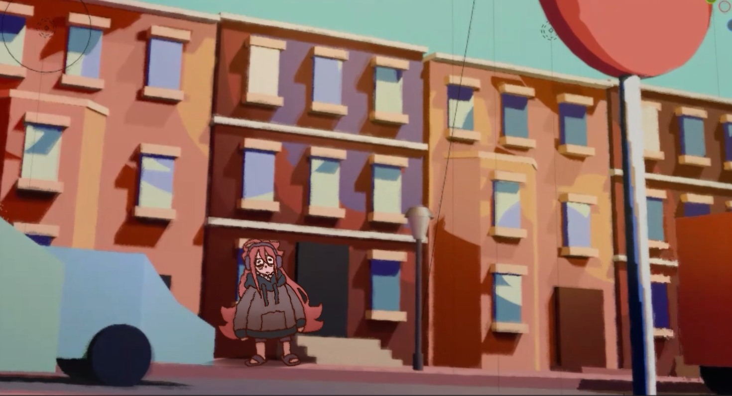 Stylized illustration of a girl with long hair wearing a hoodie, standing on a sidewalk in front of a multi-story brick building with many windows. There is a mobile streetlamp and part of a vehicle visible in the scene.