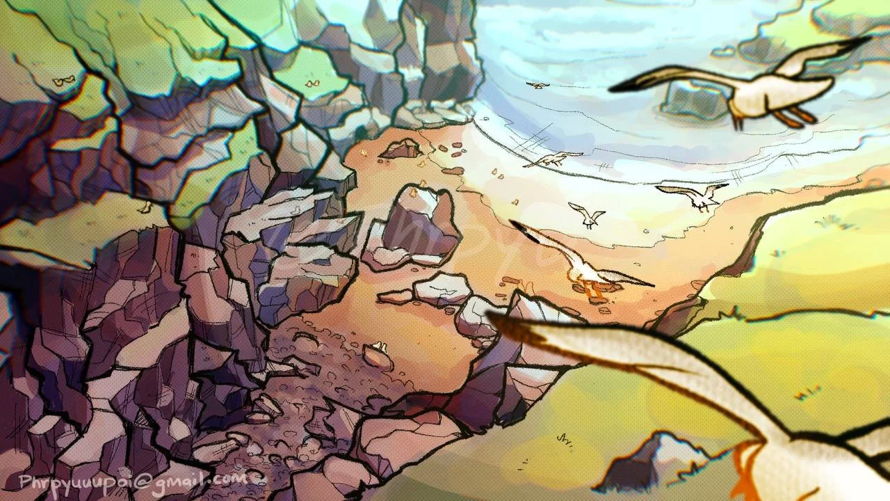 A watercolor-style landscape of a rocky canyon with seagulls flying overhead.