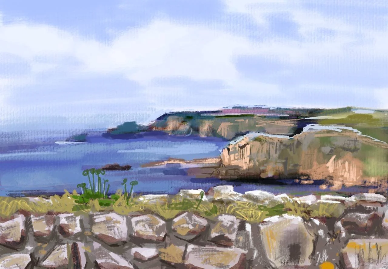 Painted landscape of a coastal scene with rocks, grass, water, cliffs, and cloudy sky.
