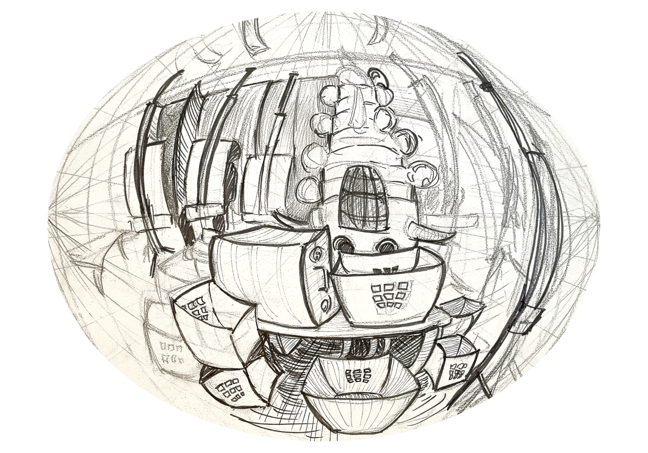 Sketch of a futuristic, spherical building with various shapes, windows, and architectural elements.
