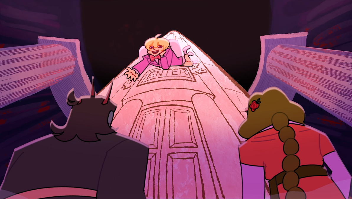 Animated scene with three characters looking up at a tall, pink, glowing tower with a woman at the top, lying down and smiling.
