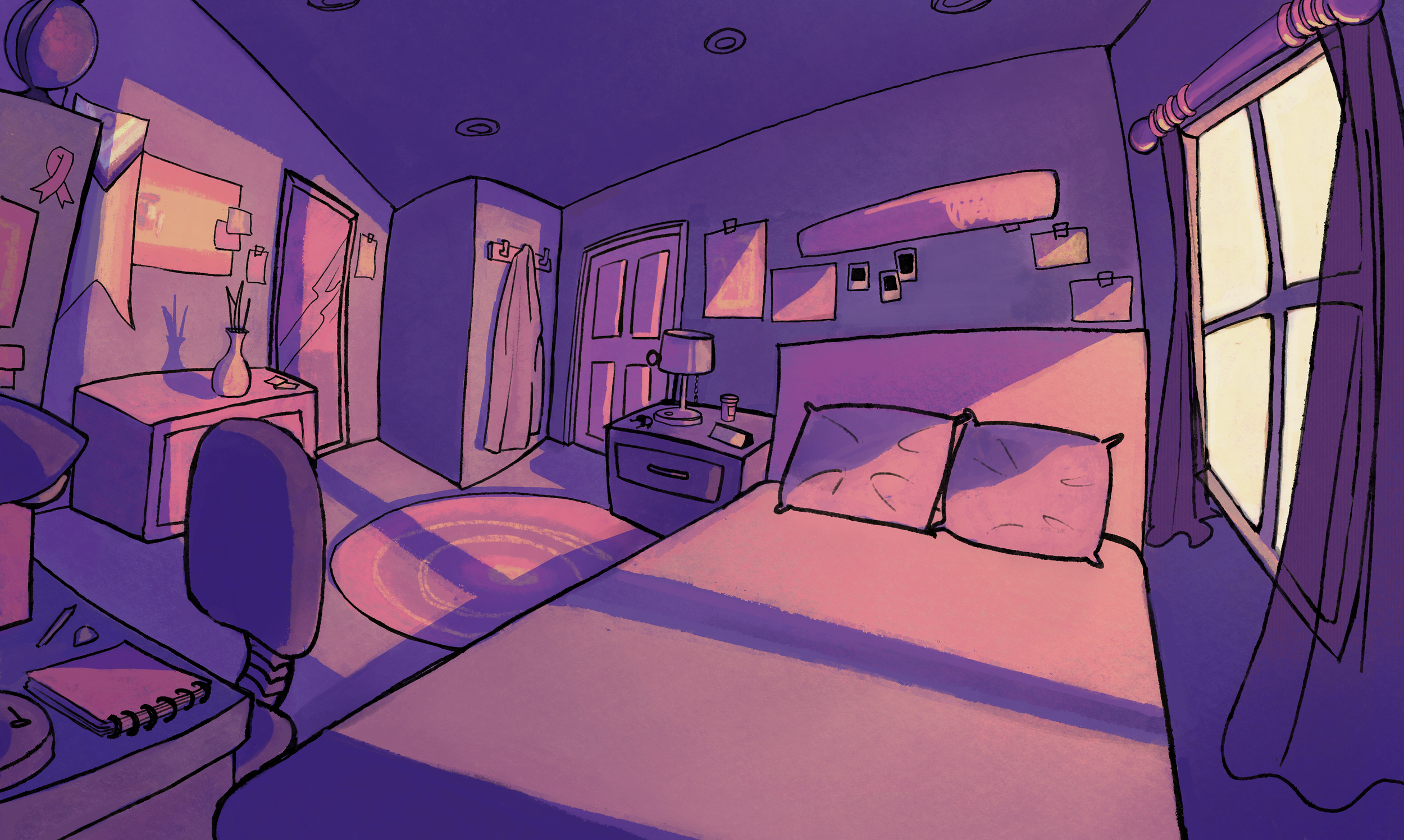 A cozy bedroom illuminated by warm sunlight, features a bed with pillows, a nightstand with a lamp and drinks, a window with curtains, and a wall decoration.