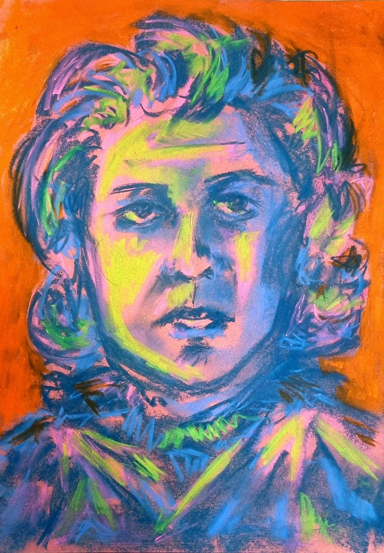 Colorful pastel portrait of a person with wavy hair and a contemplative expression, set against an orange background.