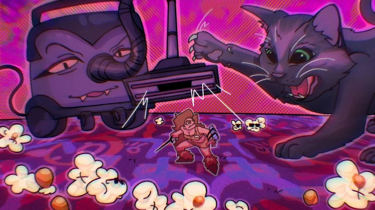 Animated scene of a small warrior fighting a large tank and a gigantic cat with fiery eyes in a pink and purple background, with popcorn scattered on the floor.