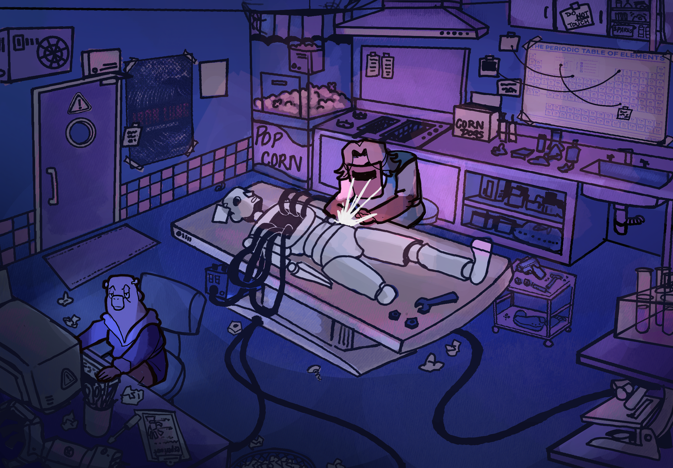 A cartoon-style illustration of a cluttered room with scientific and computer equipment, featuring a person working on a laptop, surrounded by snacks and household items, with various posters and charts on the walls.