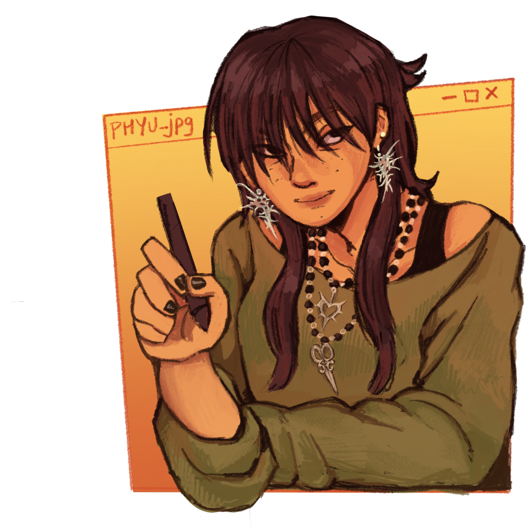 Drawing of a young woman with long dark hair, earrings, necklaces, and green clothing, holding a phone with a sunset background.
