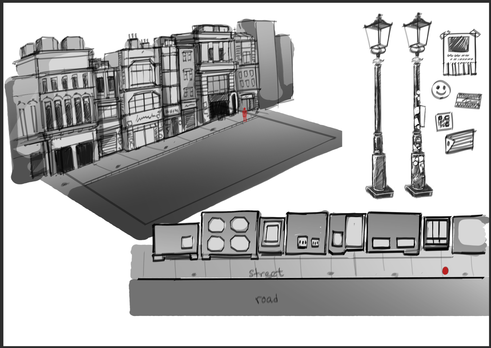 A sketch of a city street scene with multi-story buildings, street lamps, and various objects including a smiley face, rectangular signs, and electrical outlets, with a street and road marked at the bottom.