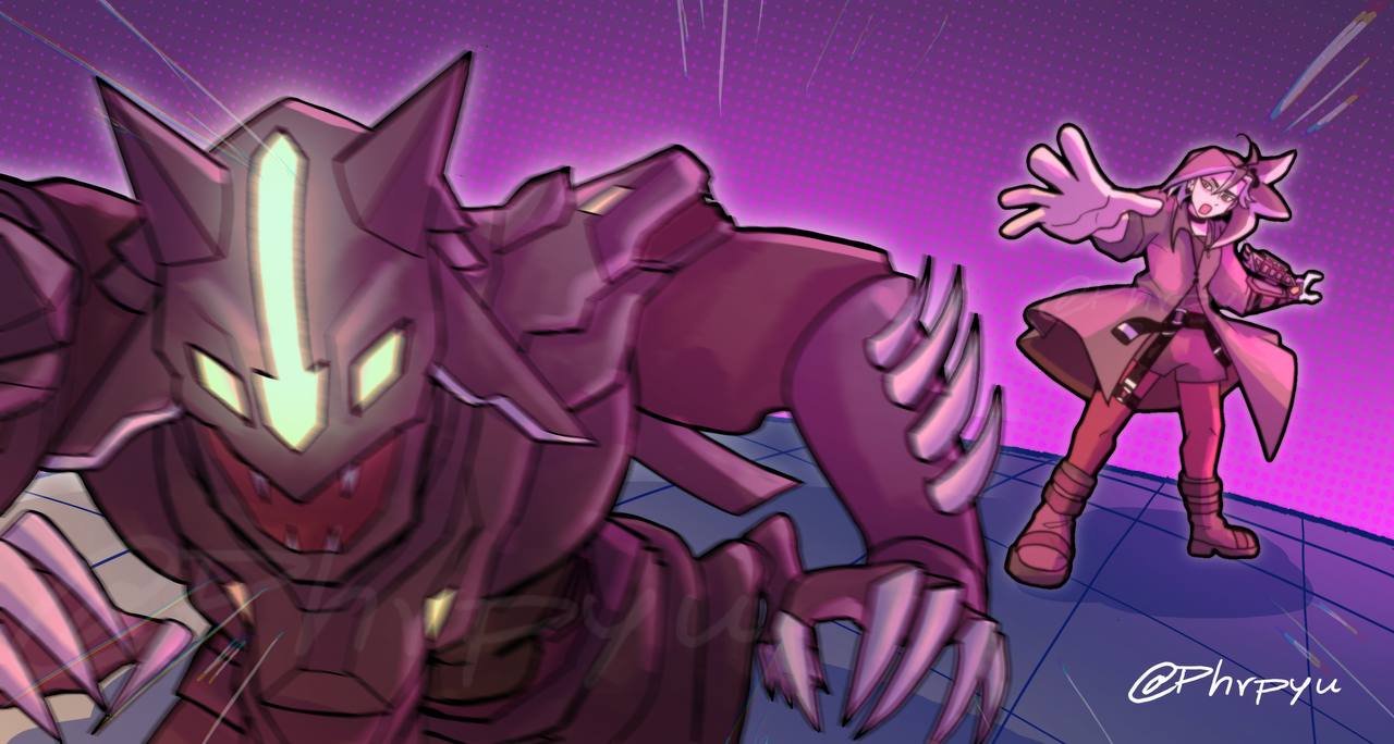 A digital illustration of a large, armored creature with glowing eyes and sharp claws, and a female character with cat ears, purple hair, and a hooded coat, in a purple-lit room. The creature is in the foreground, while the girl stands behind, reachi