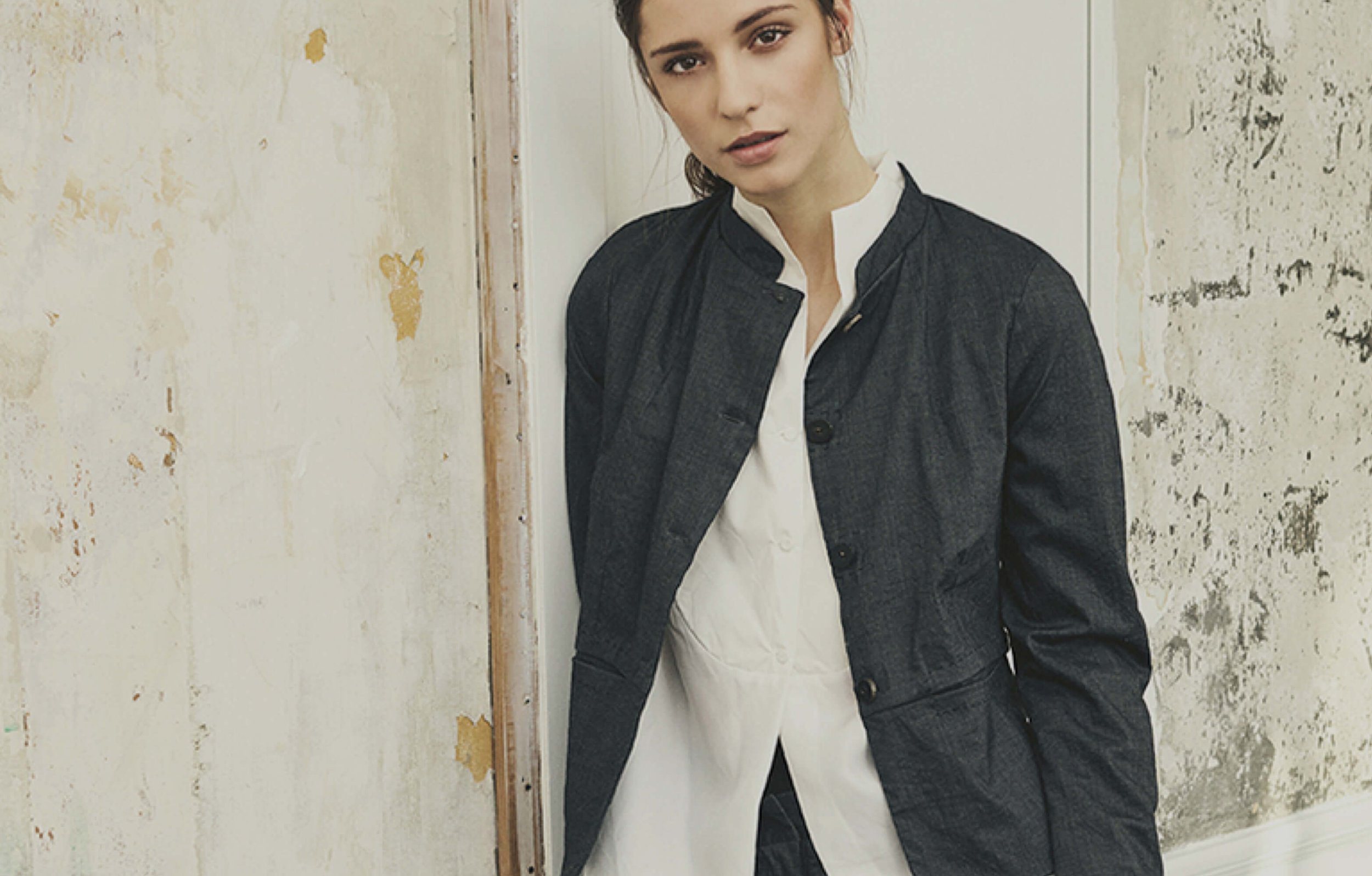 Kristensen Du Nord blue jacket over white buttoned shirt worn by model