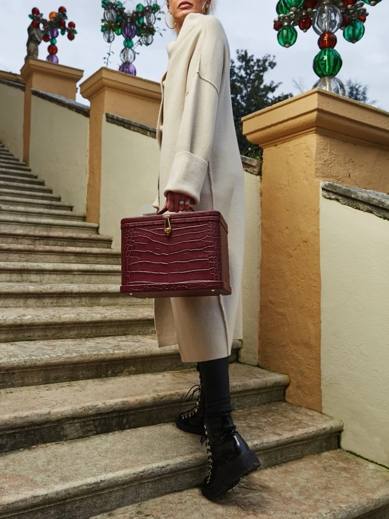 Atelier Verdi Cashmere Ebony Coat and wine crocodile print vanity case