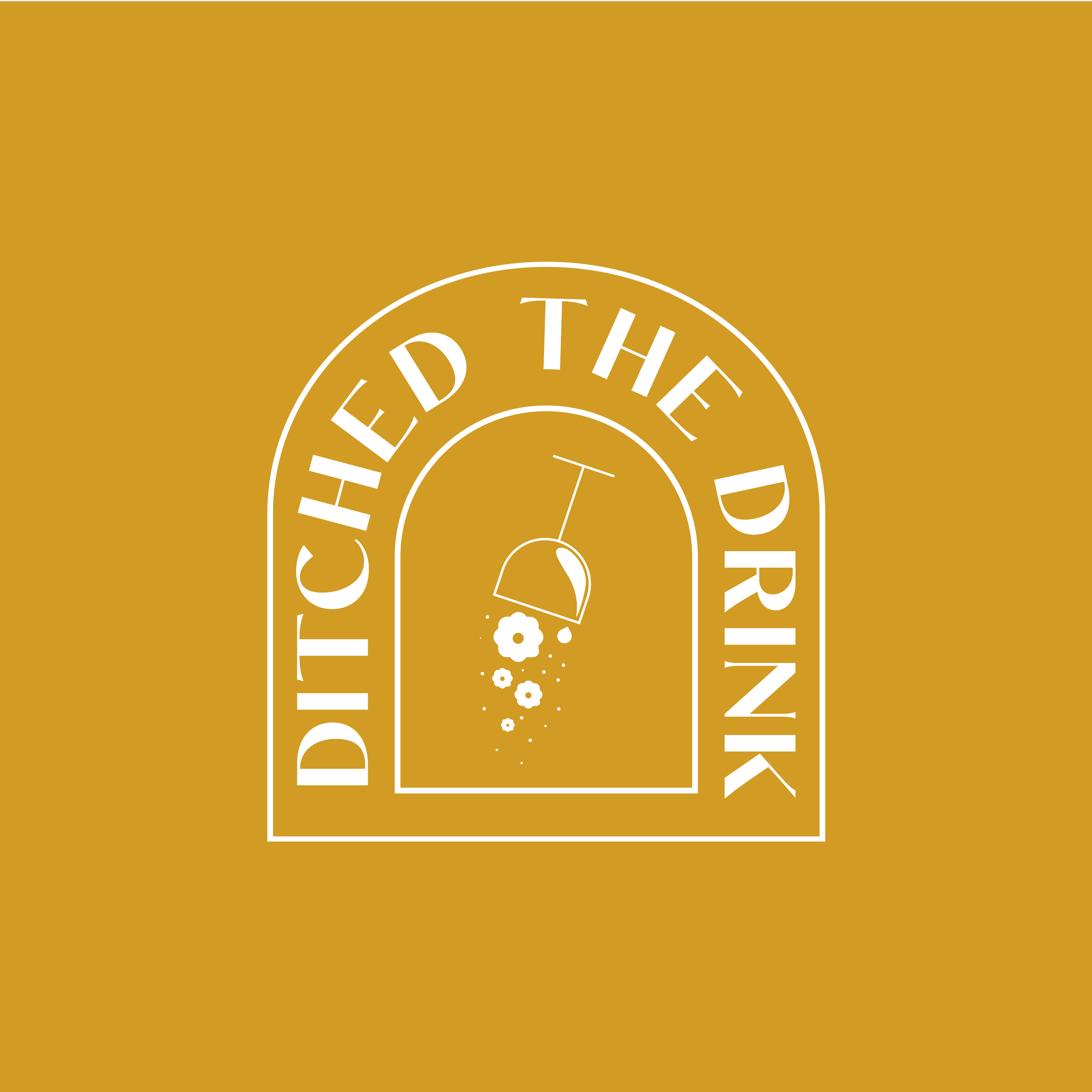 Gold background with white circular text and design in the center, featuring the words 'THE OLD THEATRE' and decorative floral elements.
