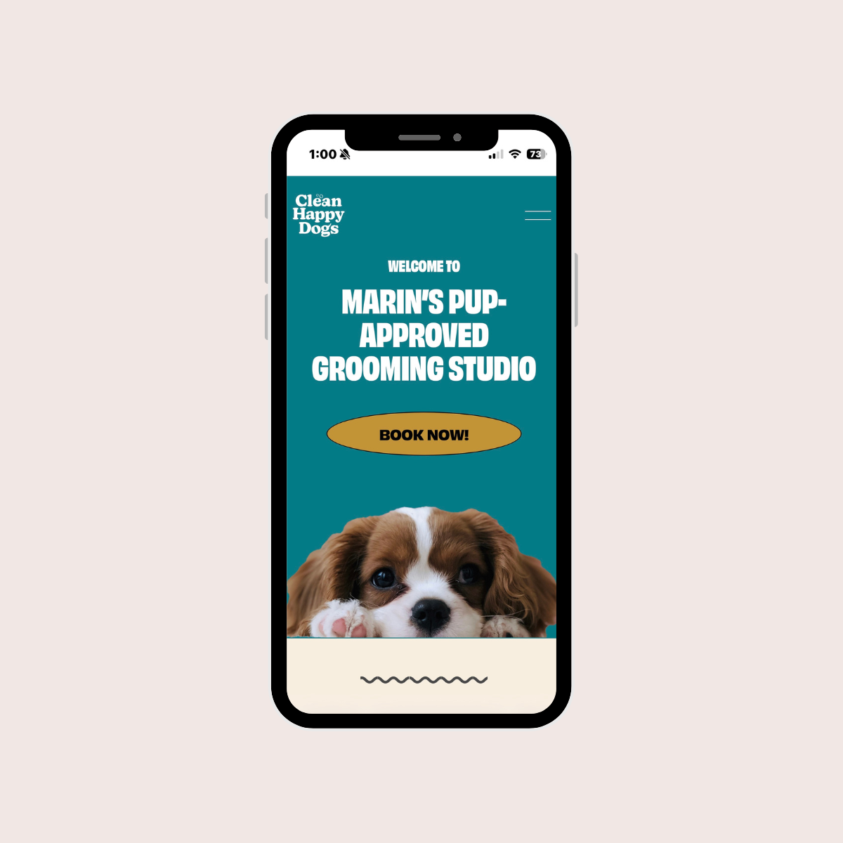 Mobile phone displaying a website for a dog grooming studio with the text, 'Welcome to Marin's Pup-Approved Grooming Studio,' a 'Book Now!' button, and a photo of a cute, brown and white puppy.