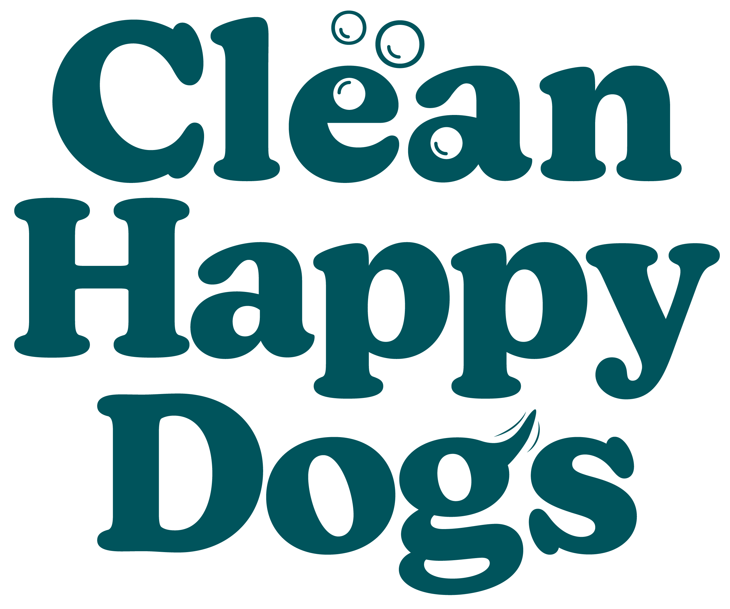 Close-up of the words 'Clean Happy Dogs' written in large, dark teal, bubbly font on a black background.