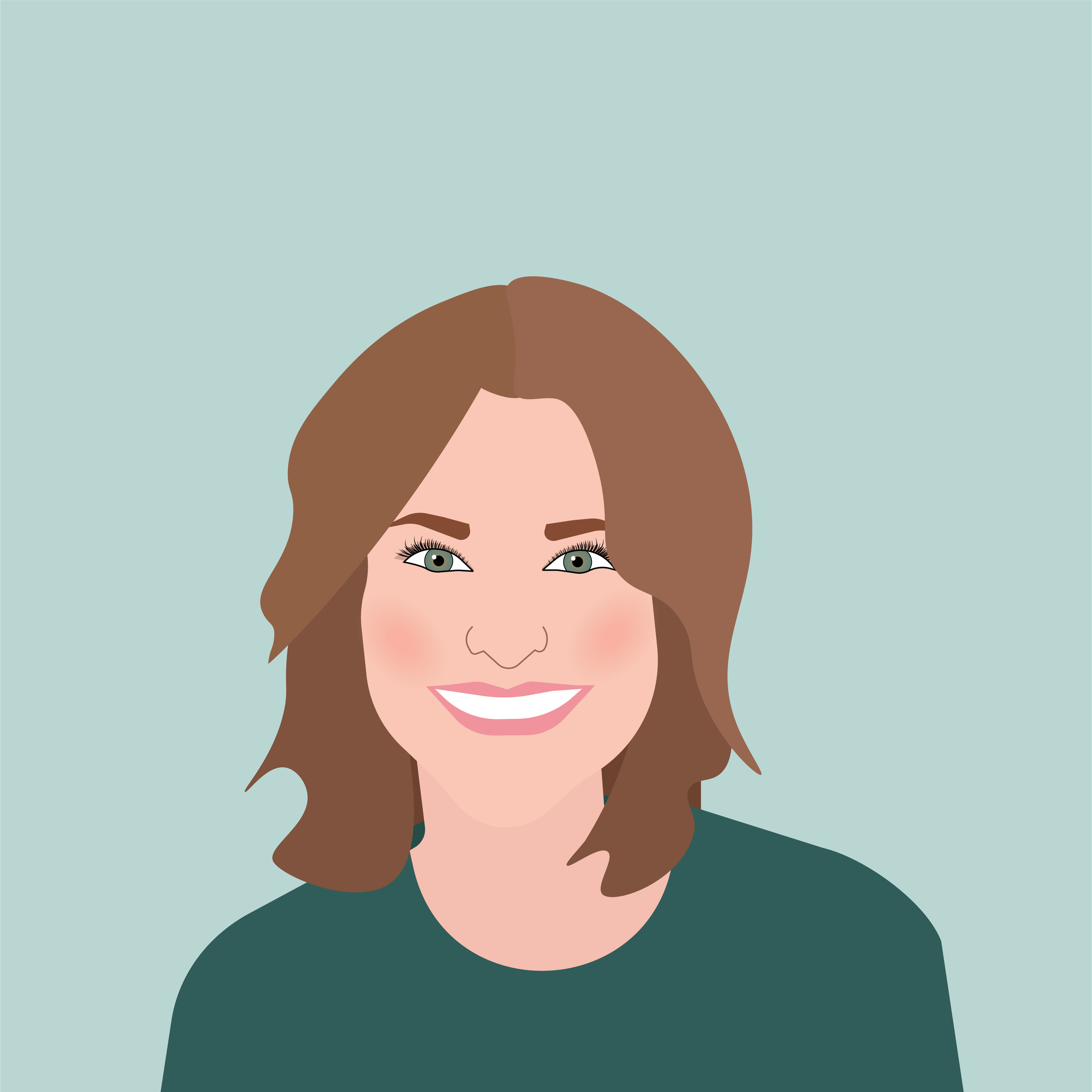 Digital illustration of a woman with light skin, blue eyes, long brown hair, smiling, wearing a dark green top, set against a light blue background.