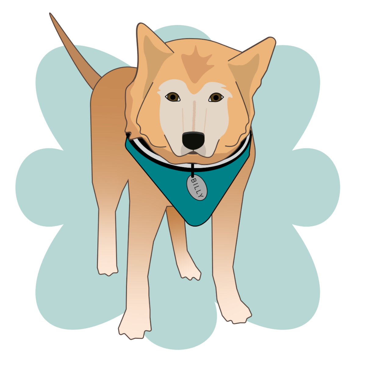 Illustration of a dog wearing a teal bandana with the name tag 'Billy' around its neck, standing on light blue background.