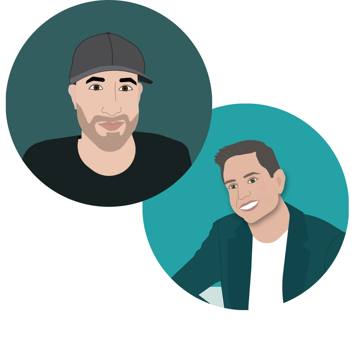 Digital illustration of two smiling men, one with a beard and wearing a cap, the other with short hair, dressed in a blazer over a white shirt, against a teal background.