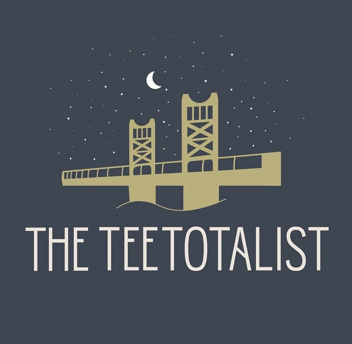 Illustration of a bridge against a night sky with stars and a crescent moon, with the text 'THE TEETOTALIST' below.