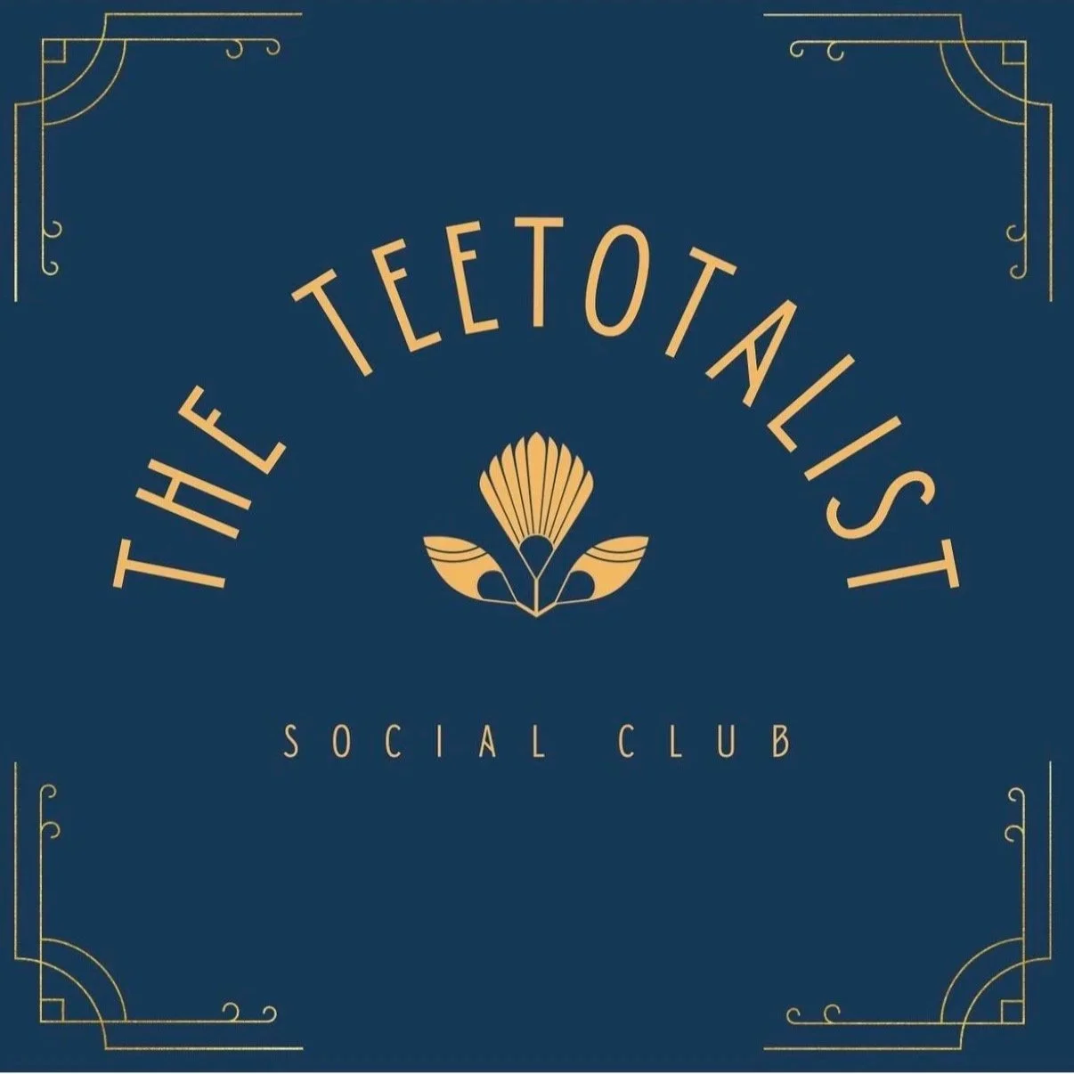 Logo for The Teotolist Social Club with a decorative floral element in the center, set on a navy blue background with gold lines in the corners.