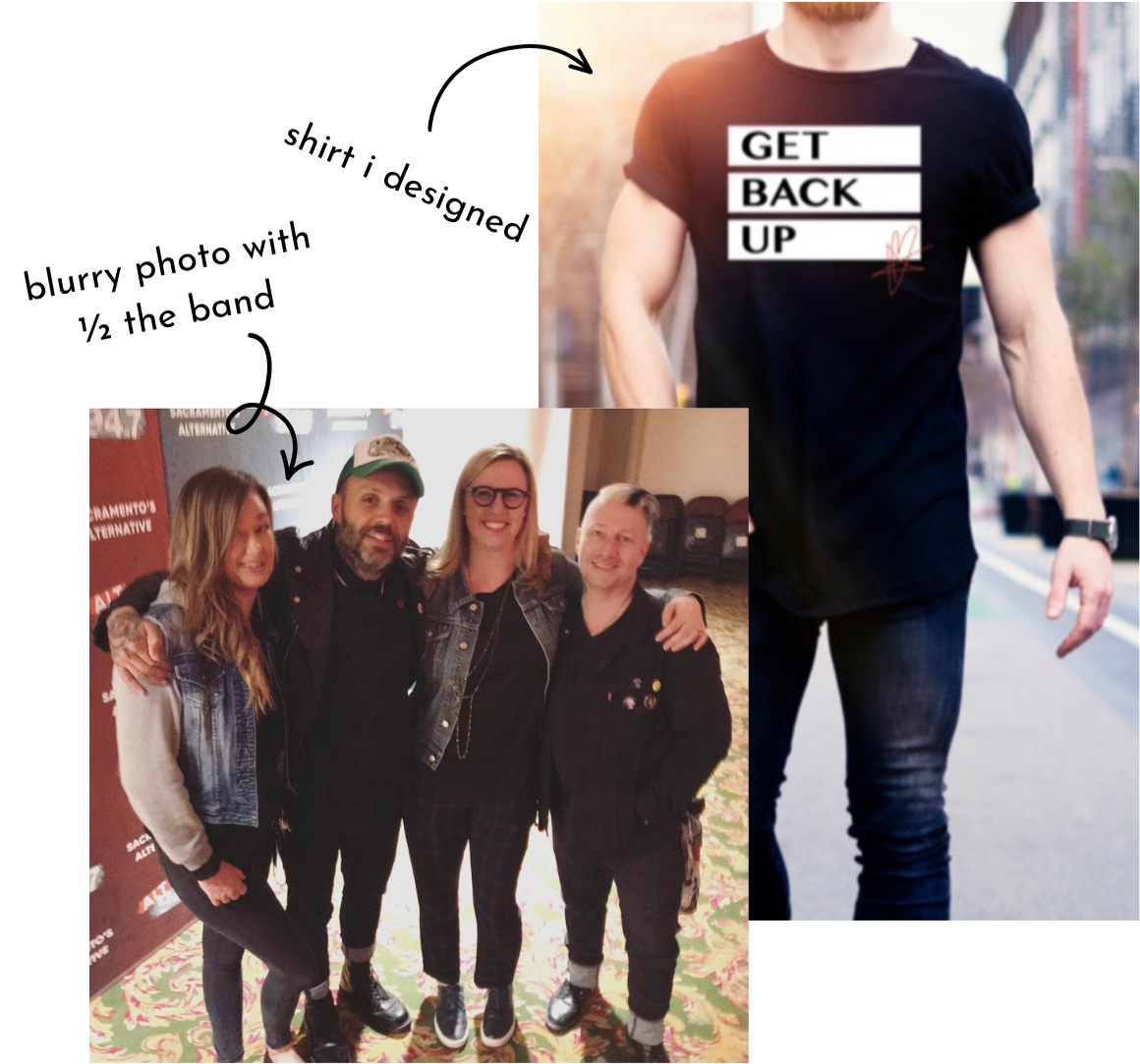 A collage of two photos. The top right photo shows a person wearing a black t-shirt with the words 'Get Back Up' printed on it, walking outdoors. The bottom left photo shows a group of four people smiling, standing close together indoors, with the person on the far left wearing a denim jacket and the others in dark clothing, including a woman wearing glasses.