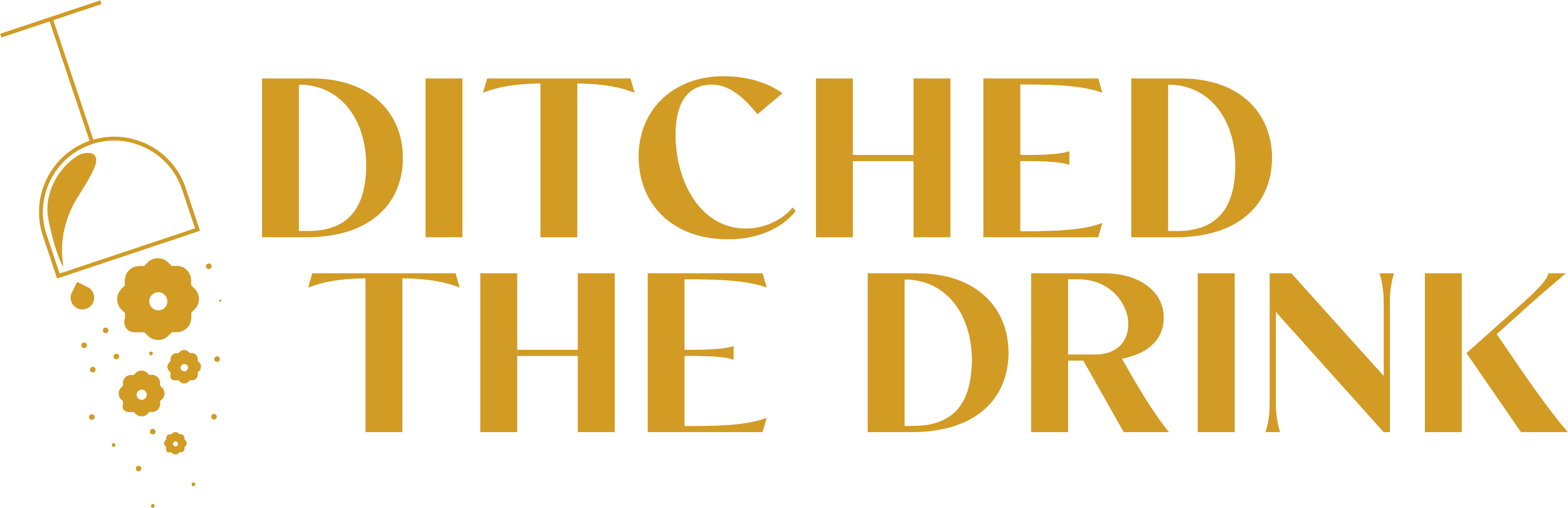 Logo for 'Ditched the Drink' featuring a tipped wine glass spilling out flowers in a gold color.