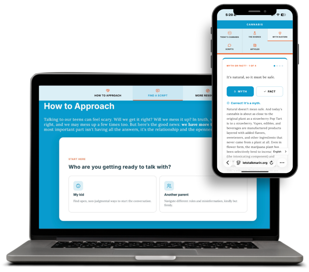 Laptop and smartphone displaying educational content about cannabis, including sections on approach strategies and myths versus facts.