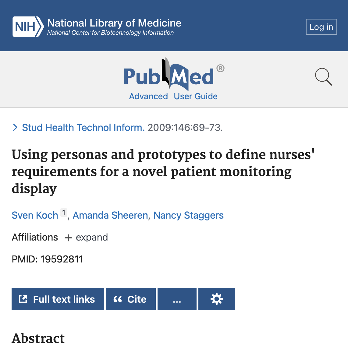 Screenshot of a research article webpage from PubMed with the title 'Using personas and prototypes to define nurses' requirements for a novel patient monitoring display'.