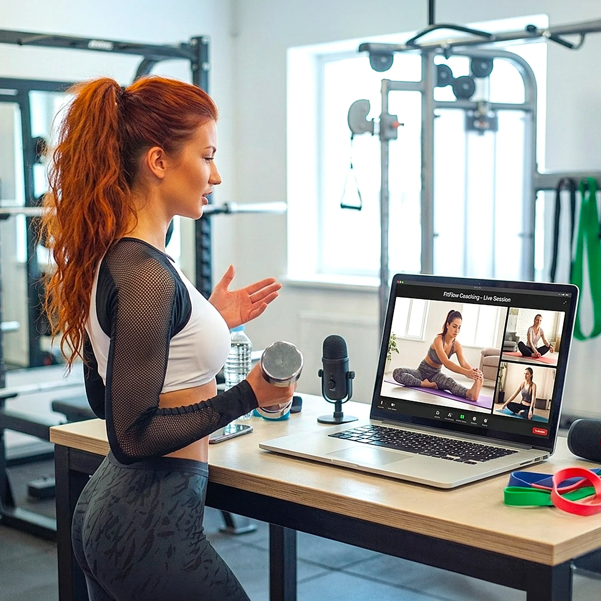 A woman with red hair in a ponytail is standing at a desk doing a workout video on her laptop, lifting a dumbbell with her right hand, in a gym or fitness studio with gym equipment in the background.