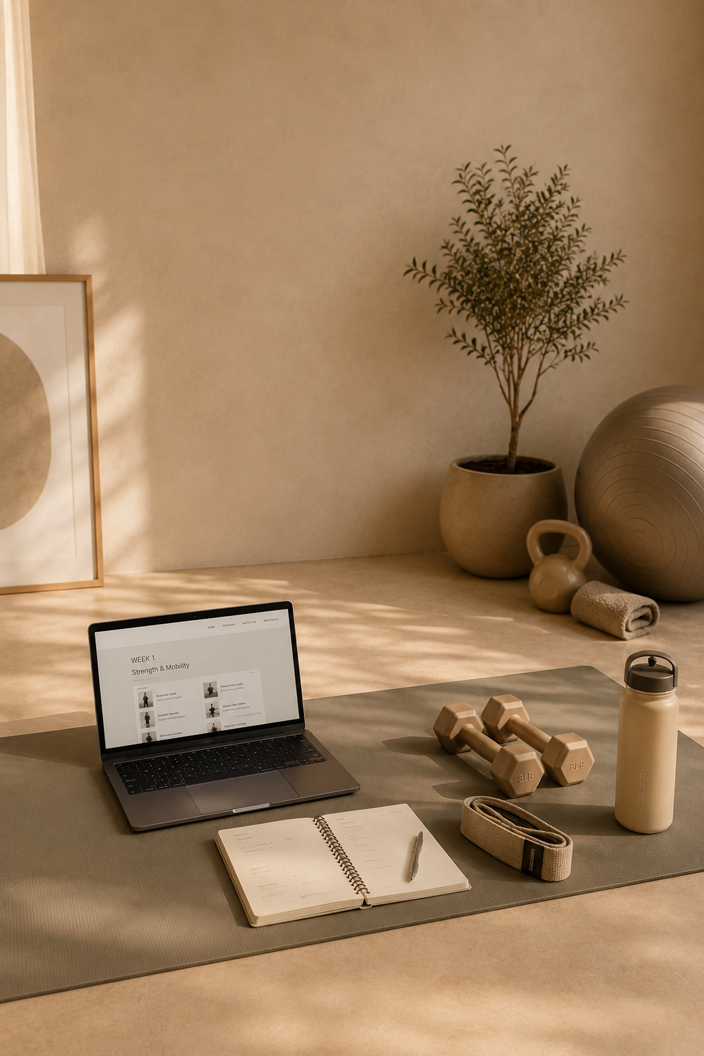 A home workout setup on a yoga mat with a laptop displaying a Strength & Mobility program, a notebook with a pen, two beige dumbbells, a water bottle, a beige strap, and a small rolled towel. In the background, there is a potted plant, a framed artwork, a large exercise ball, a kettlebell, and a smaller exercise ball, with warm natural light illuminating the space.