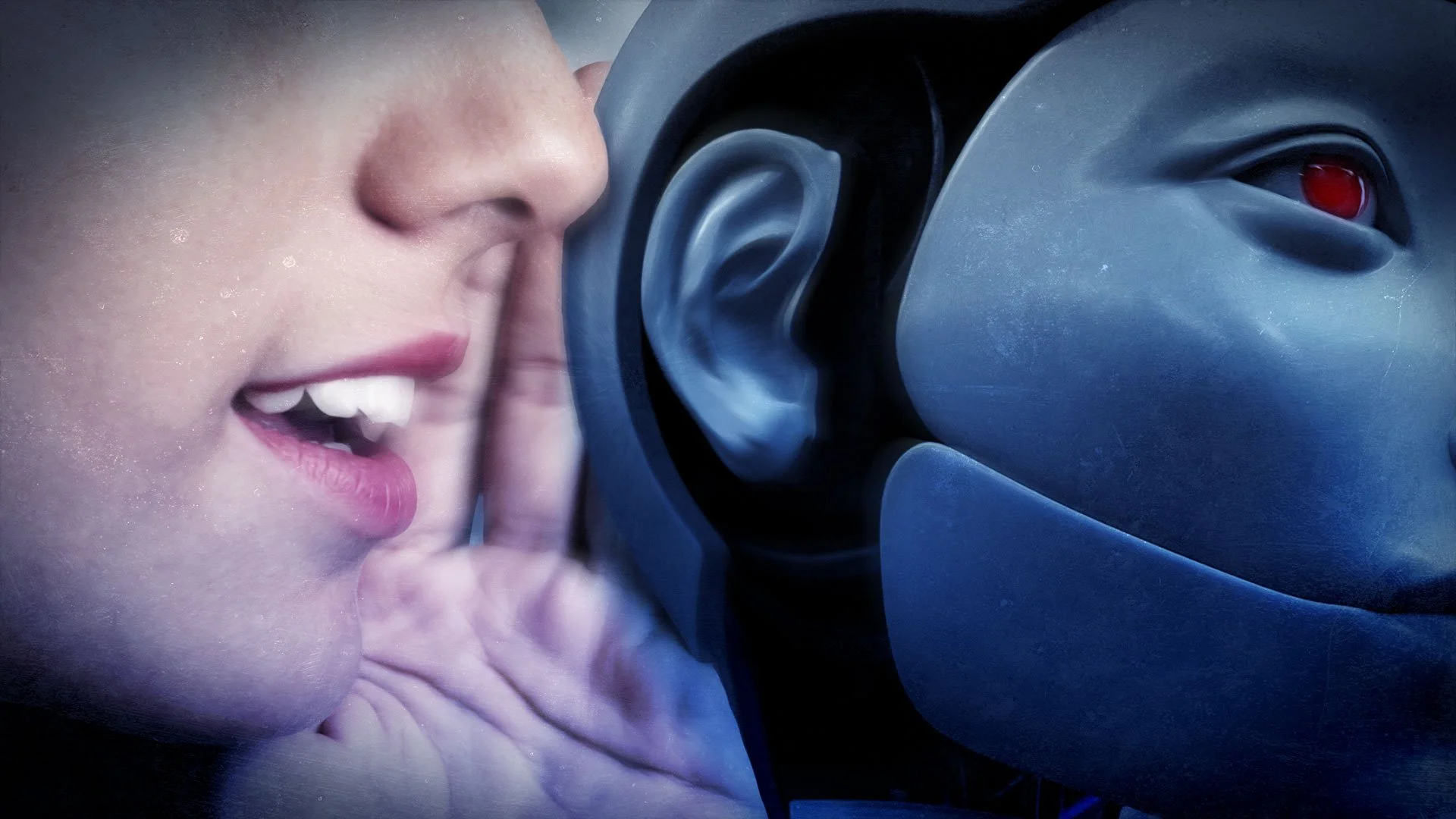 Image shows human whispering in to robots ear.