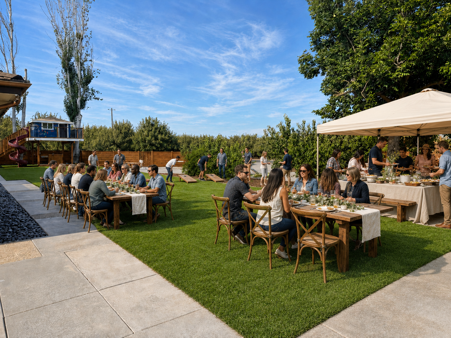 People enjoying a backyard outdoor gathering with dining tables, a buffet under a canopy, a play structure, and lush greenery under a clear blue sky.