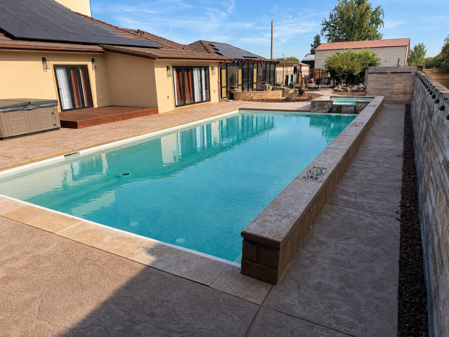 Residential backyard with a rectangular swimming pool, beige tiled deck, and a small hot tub. House with solar panels on the roof, sliding glass doors, and outdoor seating area in the background. Clear blue sky.