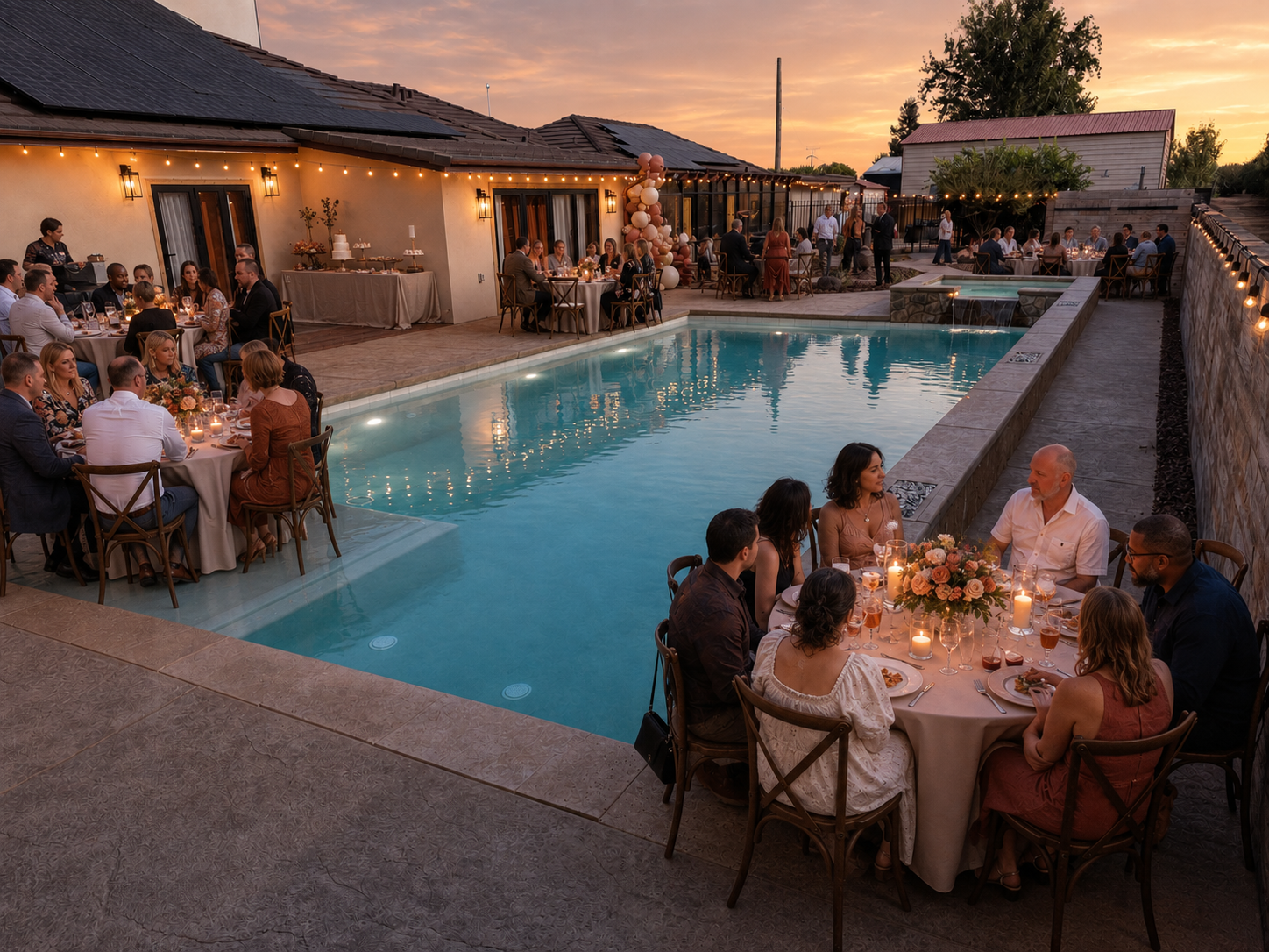 Guests celebrating at an evening event around a swimming pool with string lights, balloons, and table settings, with a sunset sky in the background.