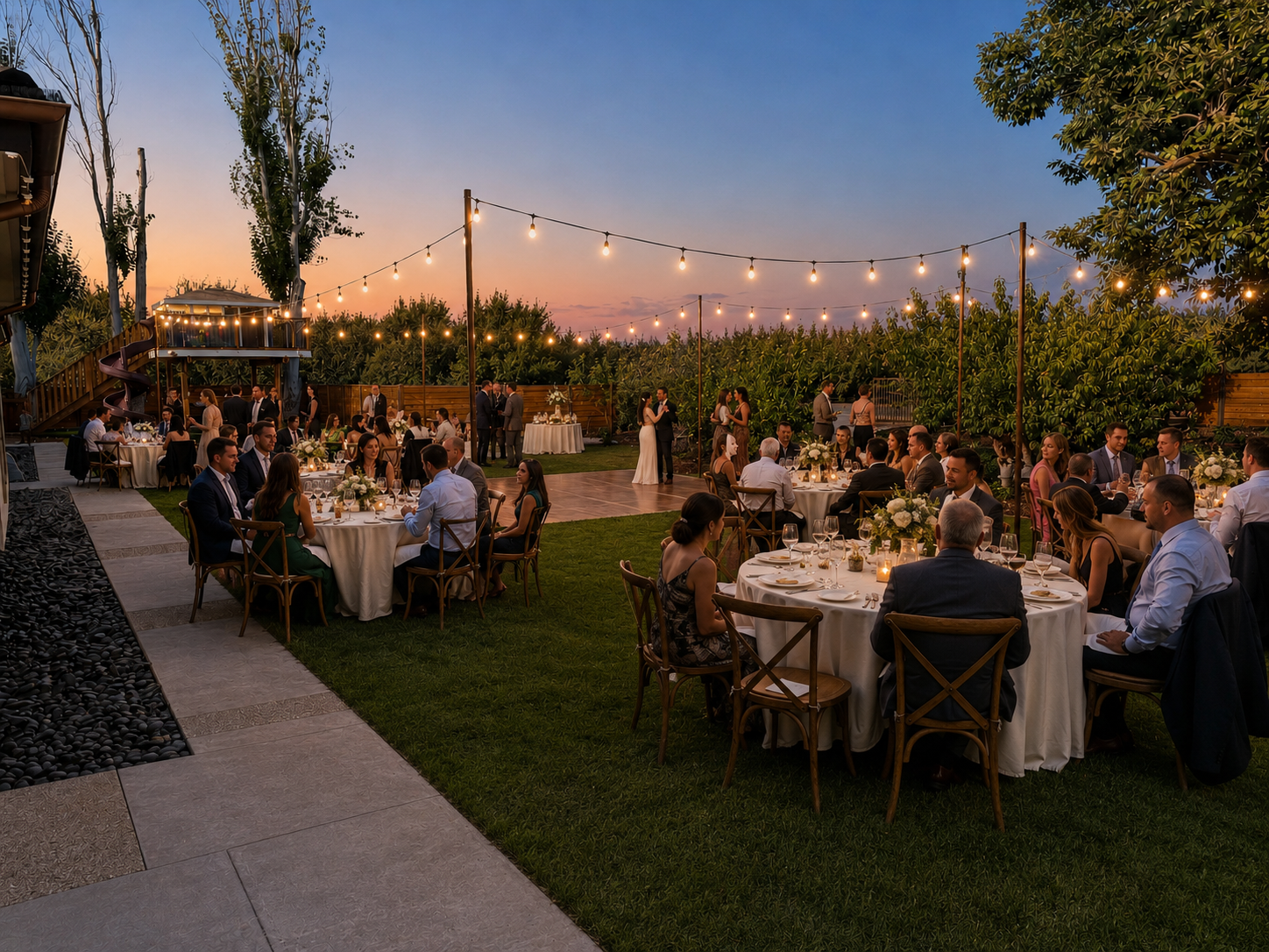 Outdoor wedding reception at sunset with guests seated at round tables, string lights overhead, and a couple dancing in the background.