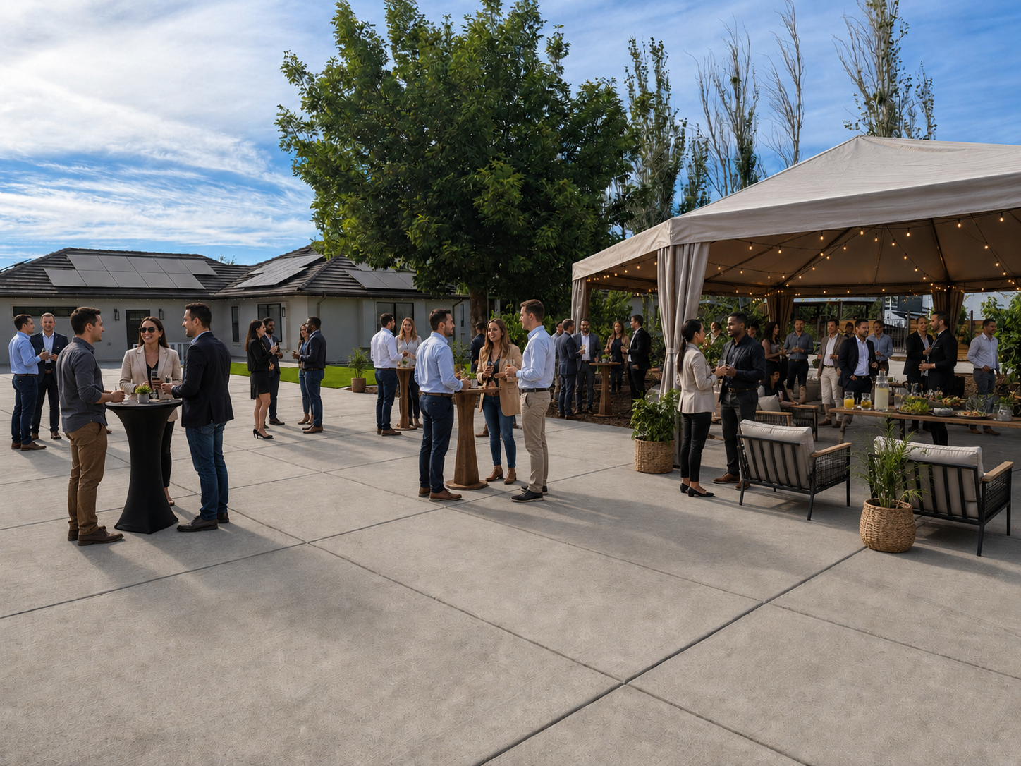 Outdoor social gathering with people mingling under a tent and around high-top tables in a residential backyard on a sunny day.