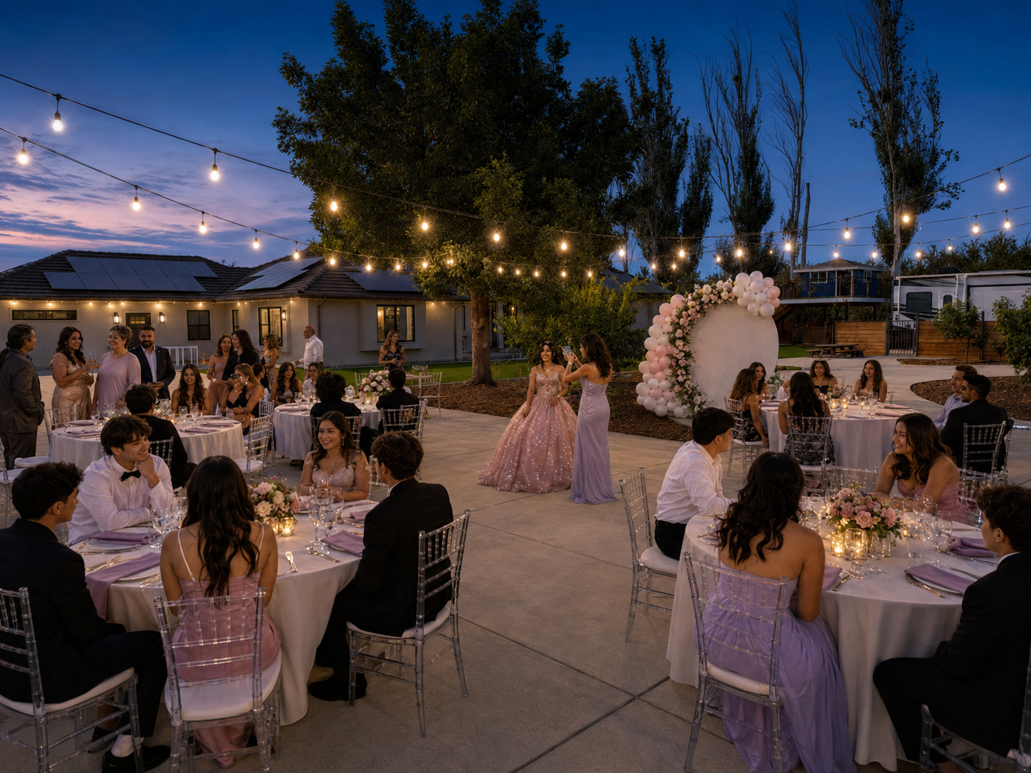 Outdoor wedding reception at dusk with guests seated at decorated tables, string lights overhead, and a floral wedding arch in the background.