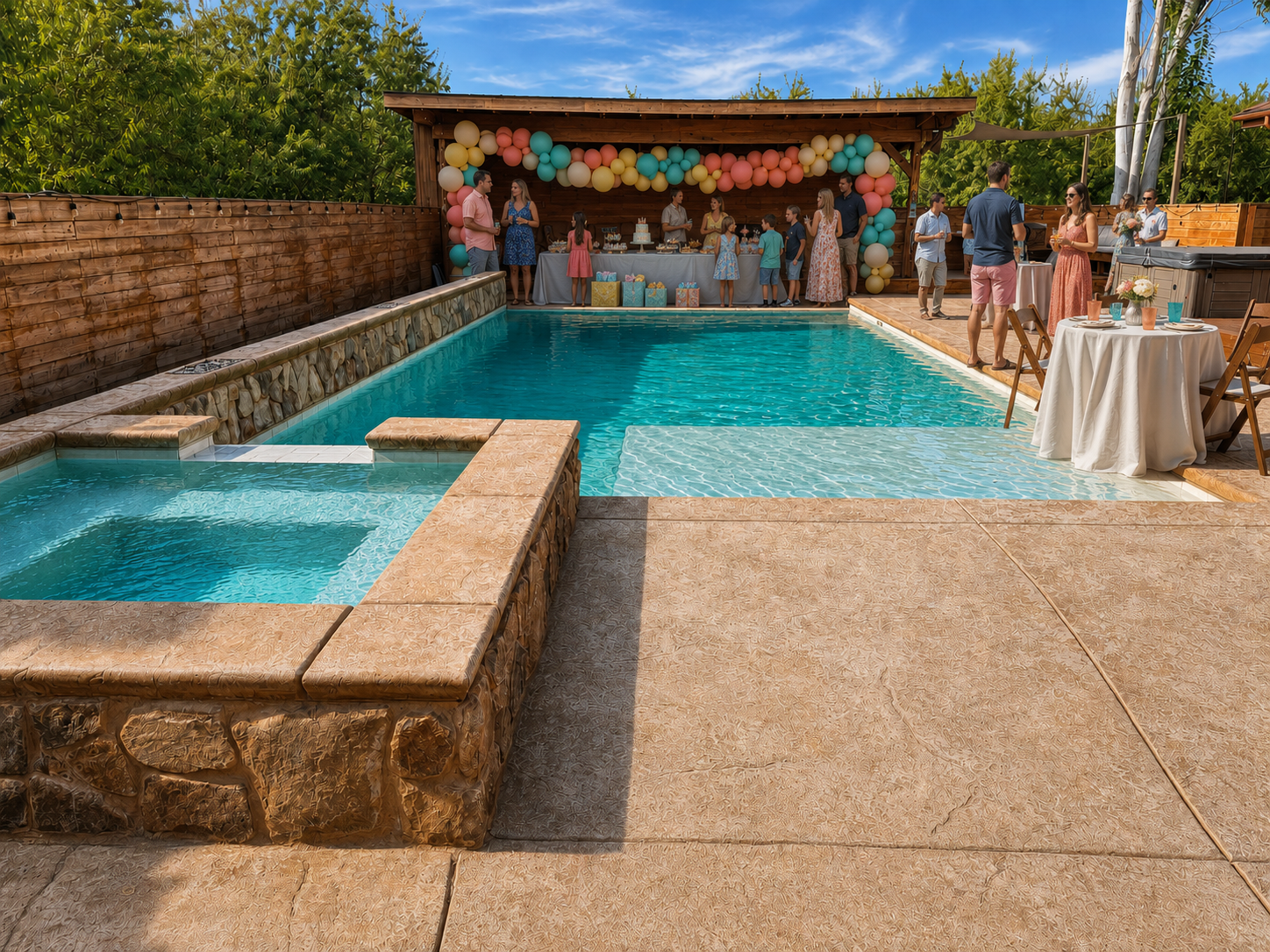 People gathered at a poolside birthday party, with a decorated backdrop of balloons, a table with sweets and cakes, and guests socializing near the pool and around it on a sunny day.